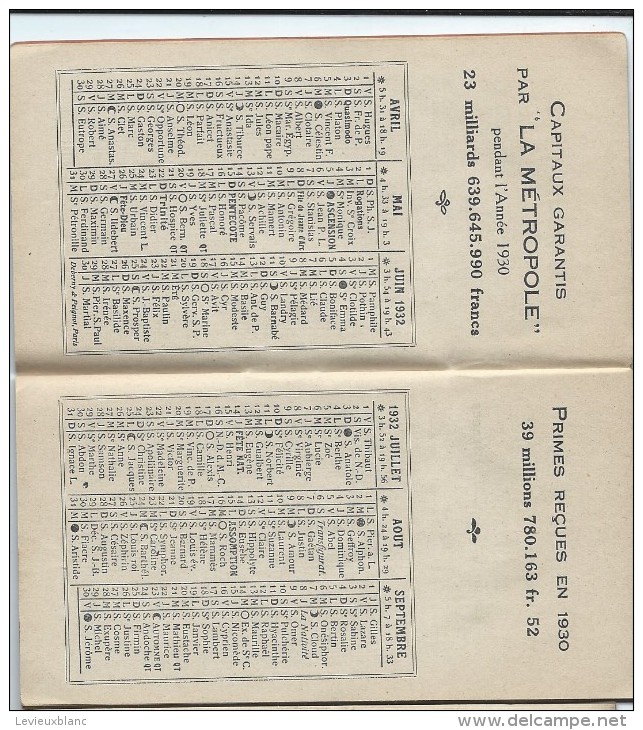 Calendrier Agenda De Poche/La Métropole/Cie D´Assurances/Paris/1932   CAL218 - Autres & Non Classés