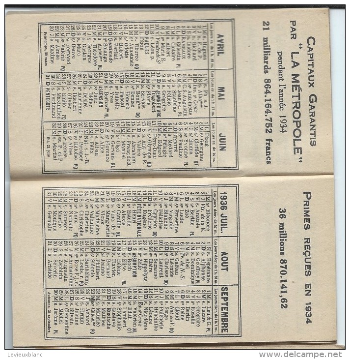 Calendrier Agenda De Poche/La Métropole/Cie D´Assurances/Paris/1936   CAL219 - Autres & Non Classés