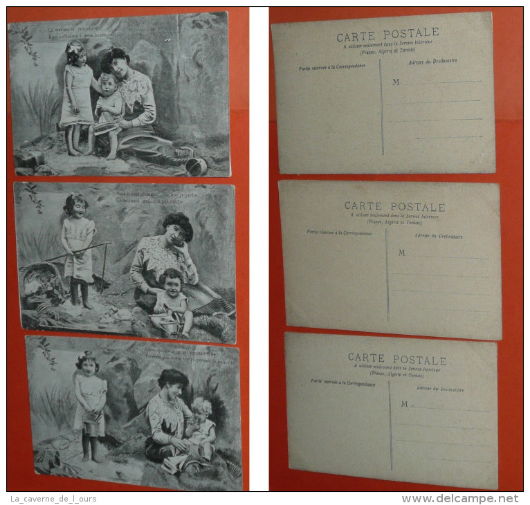 Lot Série De 3 CPA Carte Postale, Femme Mère Et Enfants, à La Plage, Pêche Jouet Seau Bateau - Sammlungen, Lose & Serien