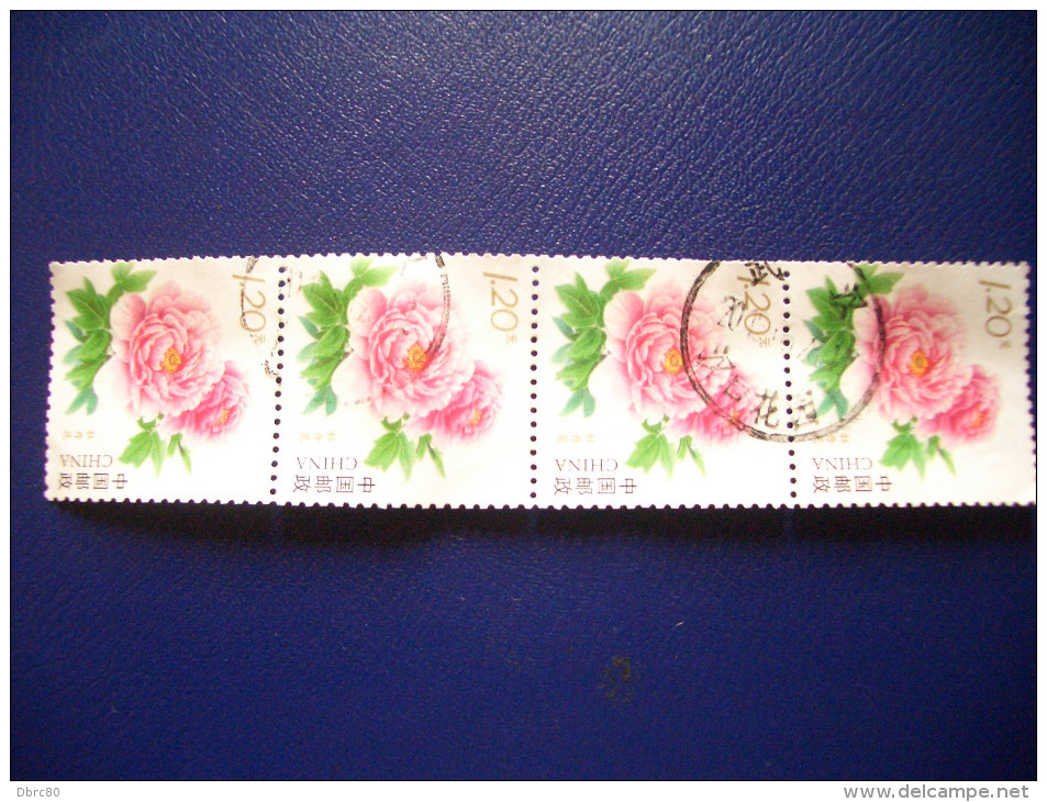 China, Flowers, Stripe Of 4, Used - Usati