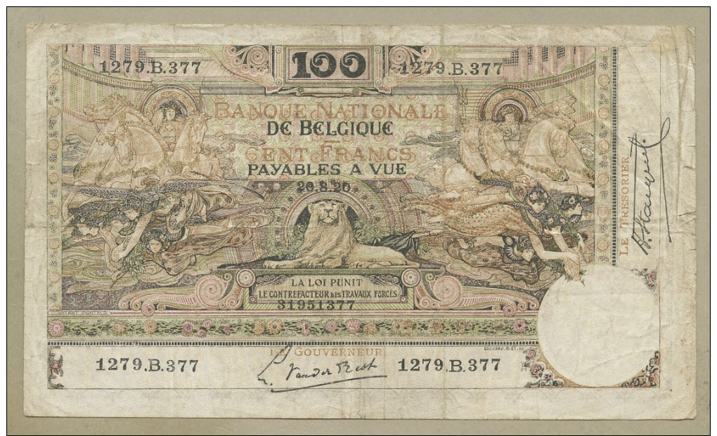 BELGIUM - 100 Francs  1920  P78  Fine  ( Banknotes ) - 100 Francs