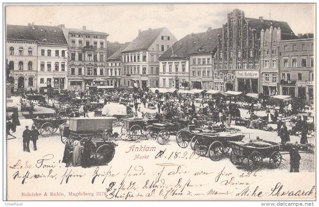 ANKLAM Markt Treiben Pferde Wagen Stände Gasthof Restauration Paul Subklew 19.2.1903 Gelaufen - Anklam