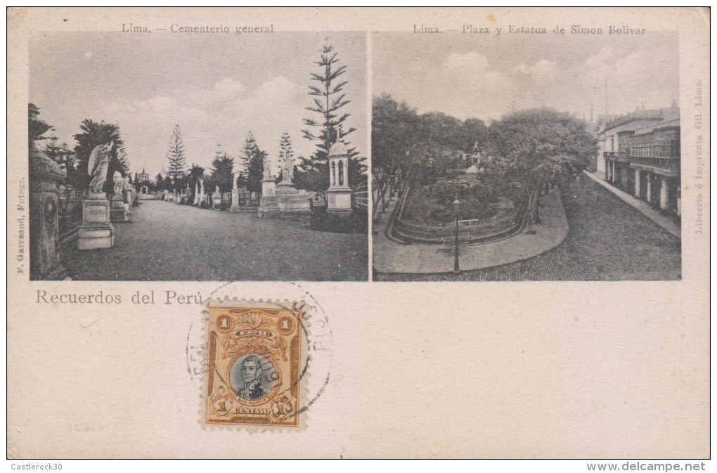 G)1909 PERU, SAN MARTIN 1 CT.-GENERAL CEMETERY, SIMON BOLIVAR SQUARE & STATUE, LIBRARY AND PRINTING GIL, SITES IN LIMA, - Peru