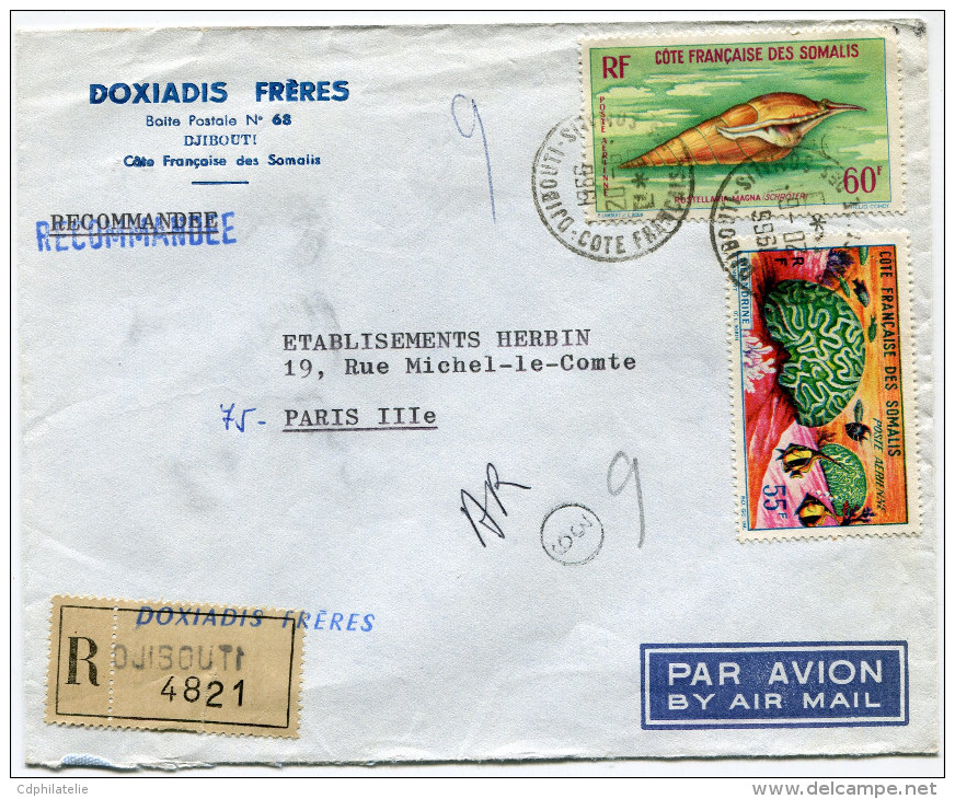 COTE FRANCAISE DES SOMALIS LETTRE RECOMMANDEE PAR AVION DEPART DJIBOUTI  1966-20-6 POUR LA FRANCE - Storia Postale