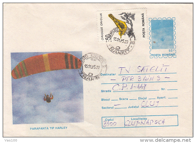 25886- PARACHUTTING, HARLEY SKYGLIDER, COVER STATIONERY, 1995, ROMANIA - Fallschirmspringen