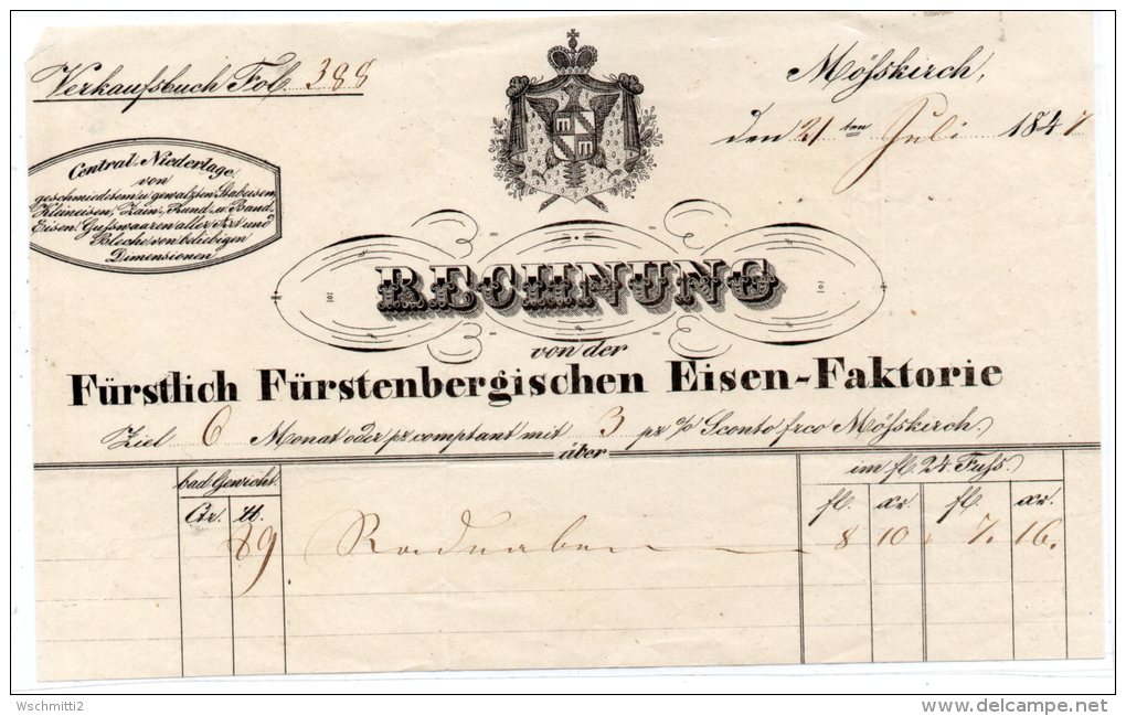 Rechnungskopf Der FÜRSTLICH FÜRSTENBERGISCHEN EISEN-FAKTORIE MÖSSKIRCH 1847 - 1800 – 1899