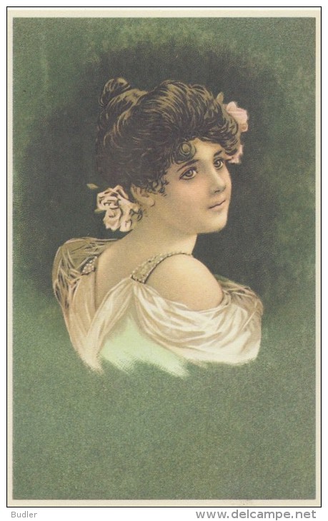 Illustration : JOLIE JEUNE FEMME aux Yeux Brillants - Art Nouveau - Repro D'une Carte Ancienne. - Femmes