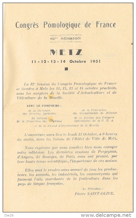 Congrès Pomologique De France - Octobre 1951- Metz - Programme Des Travaux + Adhésion - Programs