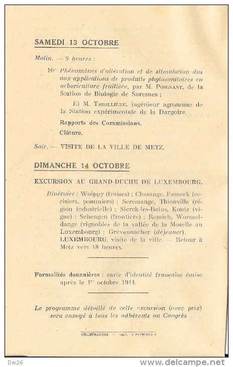 Congrès Pomologique De France - Octobre 1951- Metz - Programme Des Travaux + Adhésion - Programme