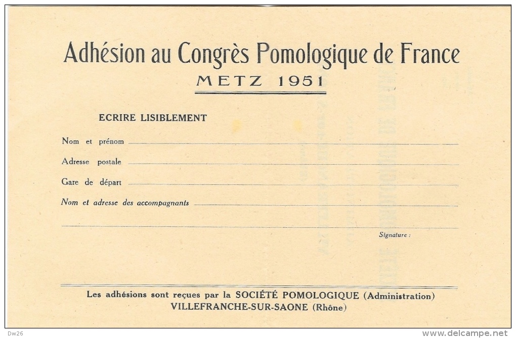 Congrès Pomologique De France - Octobre 1951- Metz - Programme Des Travaux + Adhésion - Programs