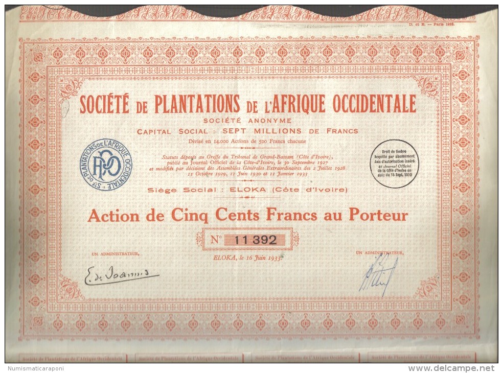 Societè De Plantations De L'afrique Occidentale Action De 500 Francs 1933  Doc.181 - Afrique