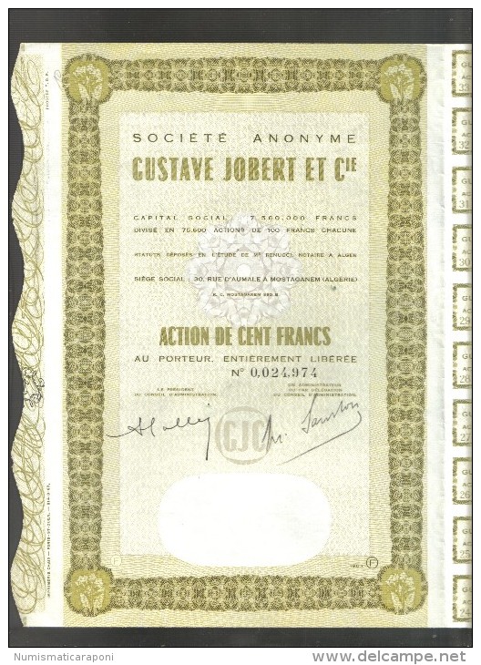 Societè Anonyme Gustave Jobert Algerie Action De 100 Francs 1963  Doc.182 - Africa