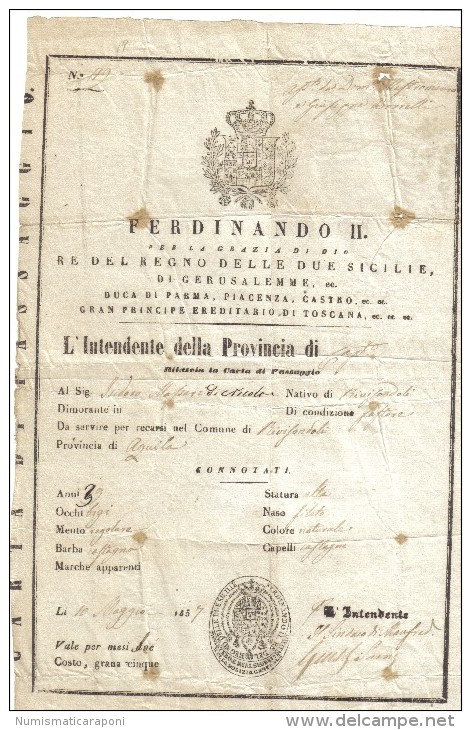 CARTA DI PASSAGGIO 10 MAGGIO 1857 COSTO 5 GRANA FERDINANDO II° RE DELLE 2 SICILIE  Doc.184 - Decreti & Leggi