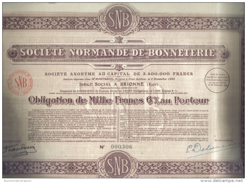 SOCIETE' NORMANDE DE BONNETERIE OBLIGATION DE 1000 FRANCS BRIONNE 1924  Doc.185 - A - C