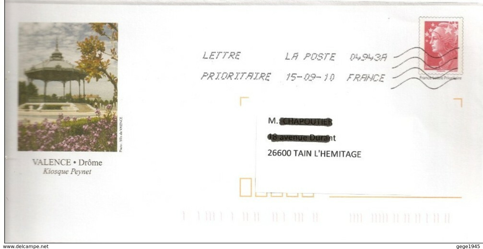 Lettre PAP  De  "  Valence  - Le Kiosque Peynet  ( 26 )    "  Du 15-09-2010   Sur Facsimilé   N° 4230  Ou  4413 - PAP: Aufdrucke/Beaujard