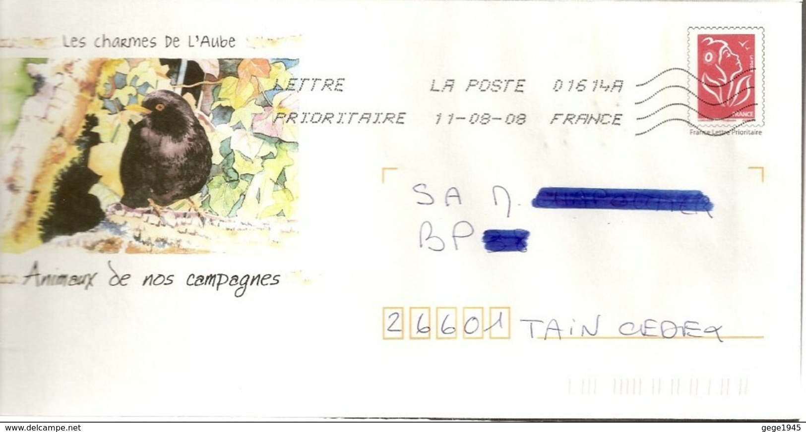 Lettre  PAP  De   "   L ' Aube  "  ( 10 )  Animaux Des Campagnes Du  11-08-2008    Sur  Facsimilé  N° 3734b - PAP: Aufdrucke/Lamouche