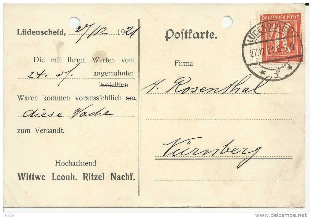 ALEMANIA REICH 1921 LÜDENSCHEID AGUJEROS ARCHIVO - Briefe U. Dokumente