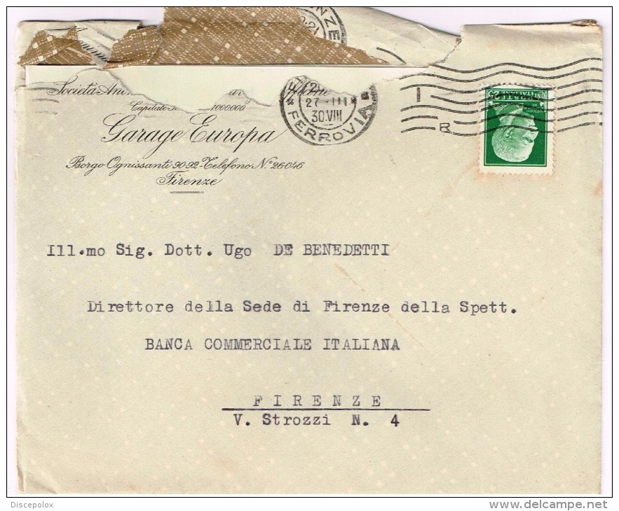 XW 1134 25 Centesimi Imperiale Su Busta Intesta Garage Europa Firenze - 1930 - Storia Postale