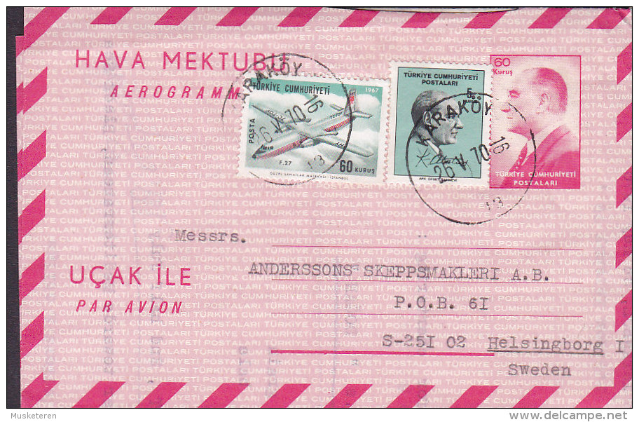 Turkey UCak Ile Par Avion Hava Mektubu Uprated 60 K Aerogramme KARAKÖY 1970 HELSINGBORG Sweden Atatürk - Airmail