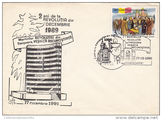 26039- ROMANIAN 1989 REVOLUTION ANNIVERSARY, SPECIAL COVER, 1991, ROMANIA - Lettres & Documents