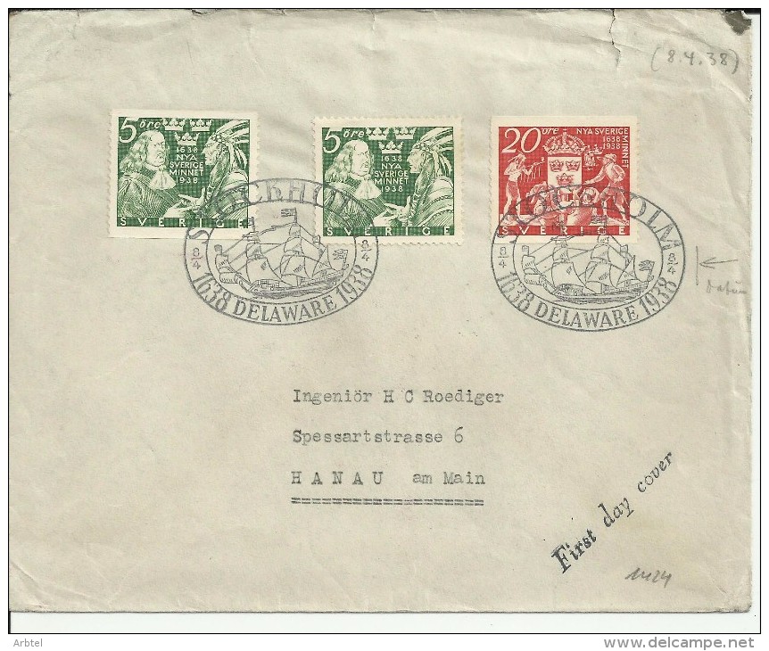 SUECIA STOCKHOLM FDC A HANAU DELAWARE 1638 1938 INDIGENA - Indiani D'America