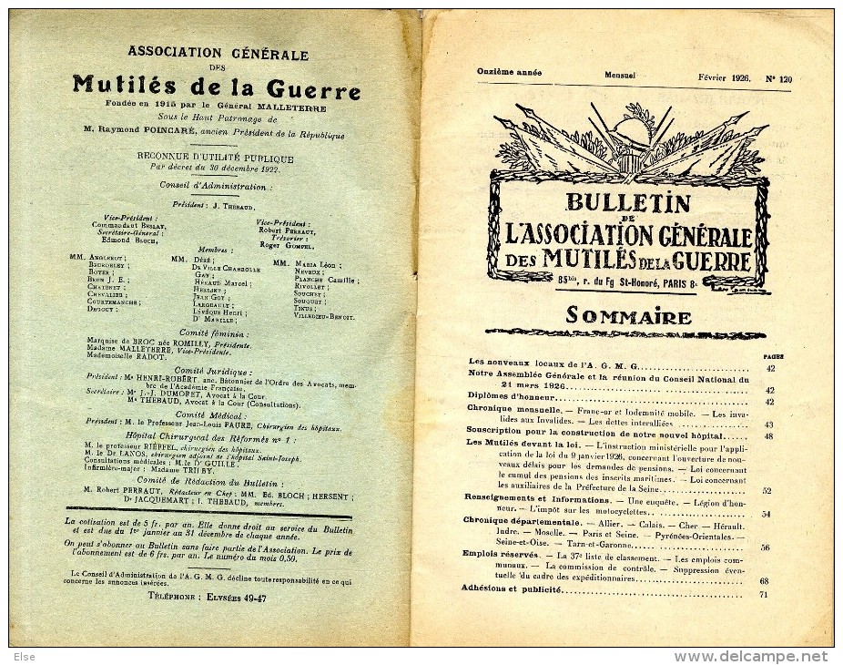 Bulletin De L Association Generale Des Mutiles De La Guerre  -  72 Pages Fevrier 1926 - Guerra 1914-18