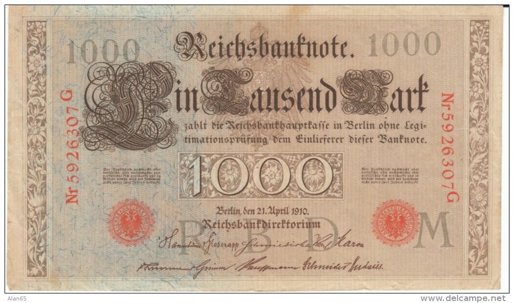 Germany #44b, 1000 Marks Banknote Money Currency, 21 April 1910 Date - 1000 Mark