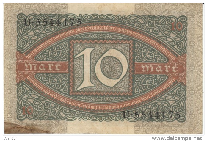 Germany #67, 10 Marks Banknote Money Currency, 6 February 1920Date - 10 Mark