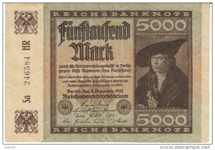 Germany #81a, 5000 Marks Banknote Money Currency, 2 December 1922 Date - 5000 Mark