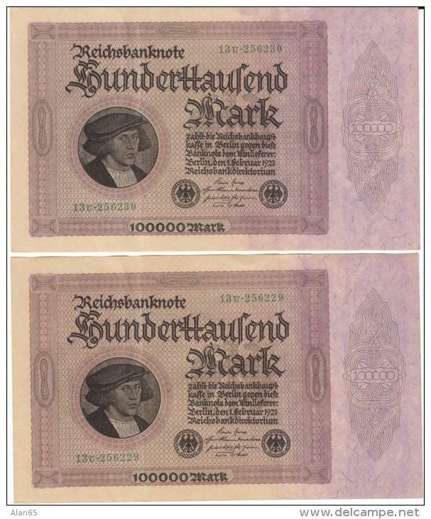 Lot Of Two, Germany #83a, 100000 Marks Consecutive Serial Numbers Banknotes Money Currency, 1 February 1923 Date - 100000 Mark