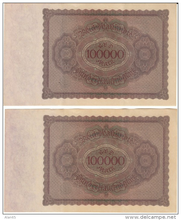 Lot Of Two, Germany #83a, 100000 Marks Consecutive Serial Numbers Banknotes Money Currency, 1 February 1923 Date - 100.000 Mark