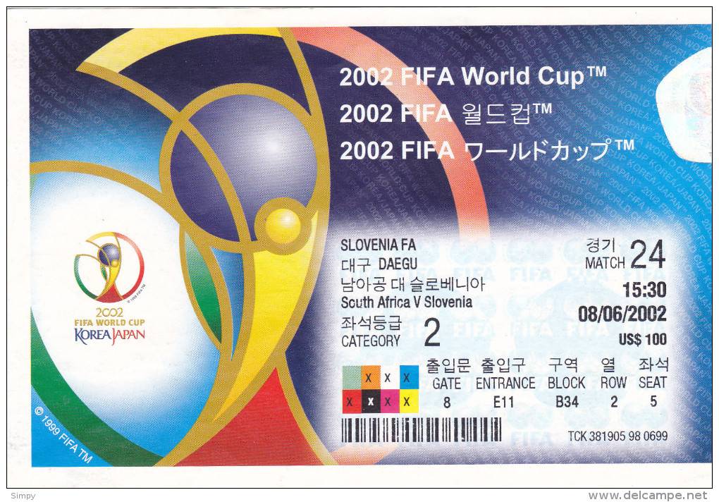 SOCCER Football Ticket:   SOUTH AFRICA - SLOVENIA 8.6.2002 FIFA WORLD CUP 2002 - Match Tickets