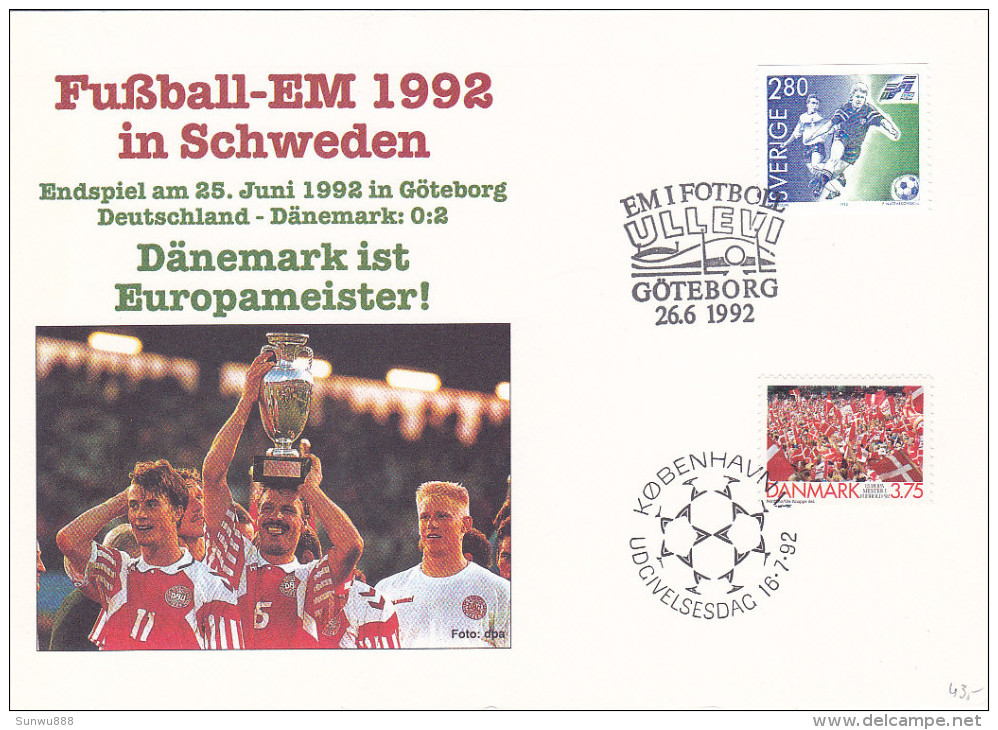 Suède - Sweden - Sverige- FDC - Fussball Football In Sweden 1992 Danemark Ist Europameister - FDC