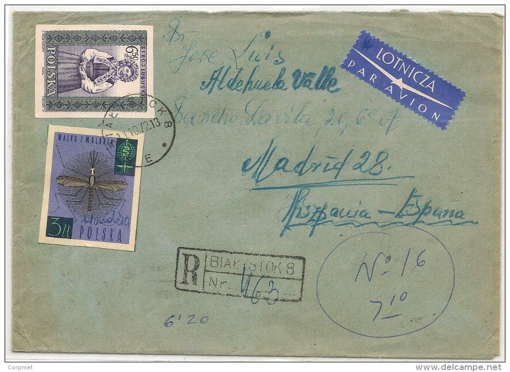 POLAND - 1972 REGISTERED COVER From BIALYSTOK To SPAIN - Tied By IMPERFORATE STAMPS - Eradication Du Paludisme - - Airplanes