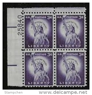 Plate Block -USA 1954 Statue Of Liberty Stamp Sc#1035 Post Torch - Numéros De Planches