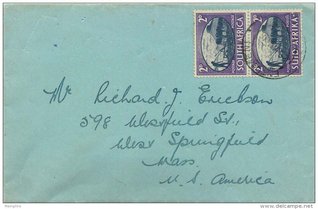 1946  Letter To USA  Bilingual Pair SG 116 RARE  Flaw Broken Frame LR Afrikaans Stamp - Lettres & Documents