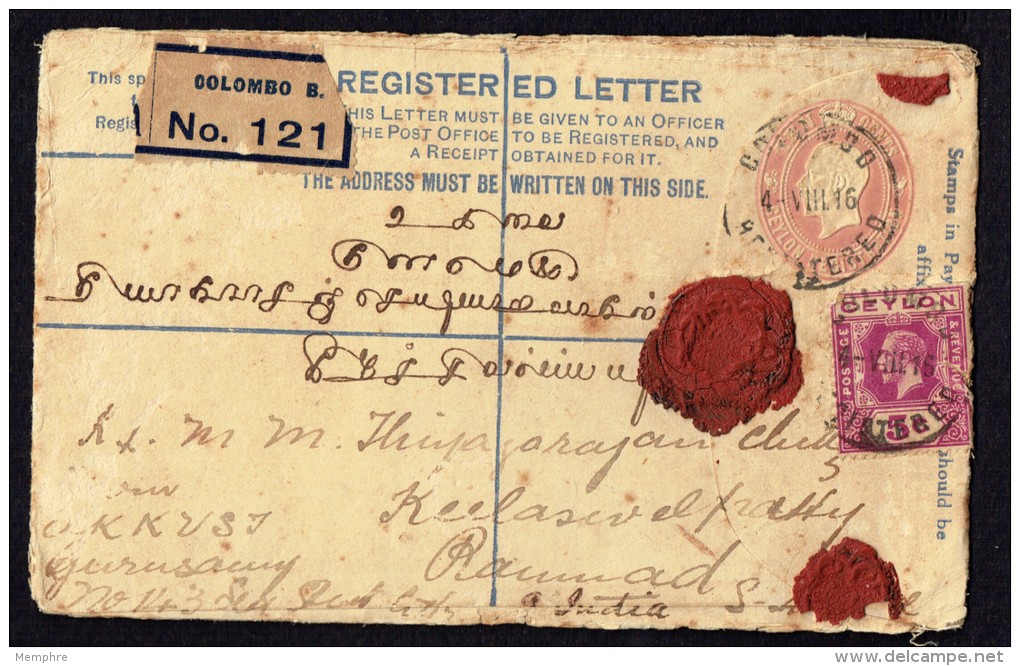 CEYLAN 1916  Registered Letter To India   Registration Postal Stationery Uprated With 5cent SG 303 - Ceylon (...-1947)