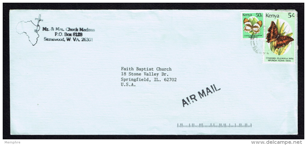 1990  Air Mail Letter To USA  Butterflies   5/- And 50 Cents - Kenia (1963-...)