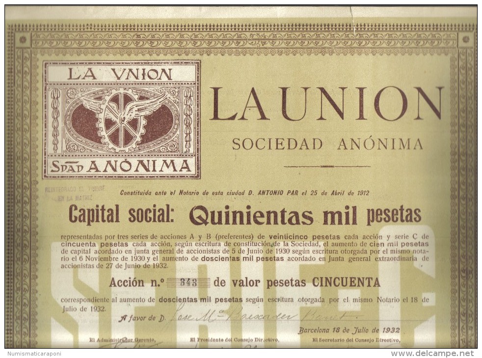 La Union Sociedad Anonima Accion De 50 Pesetas  Doc.186 - J - L