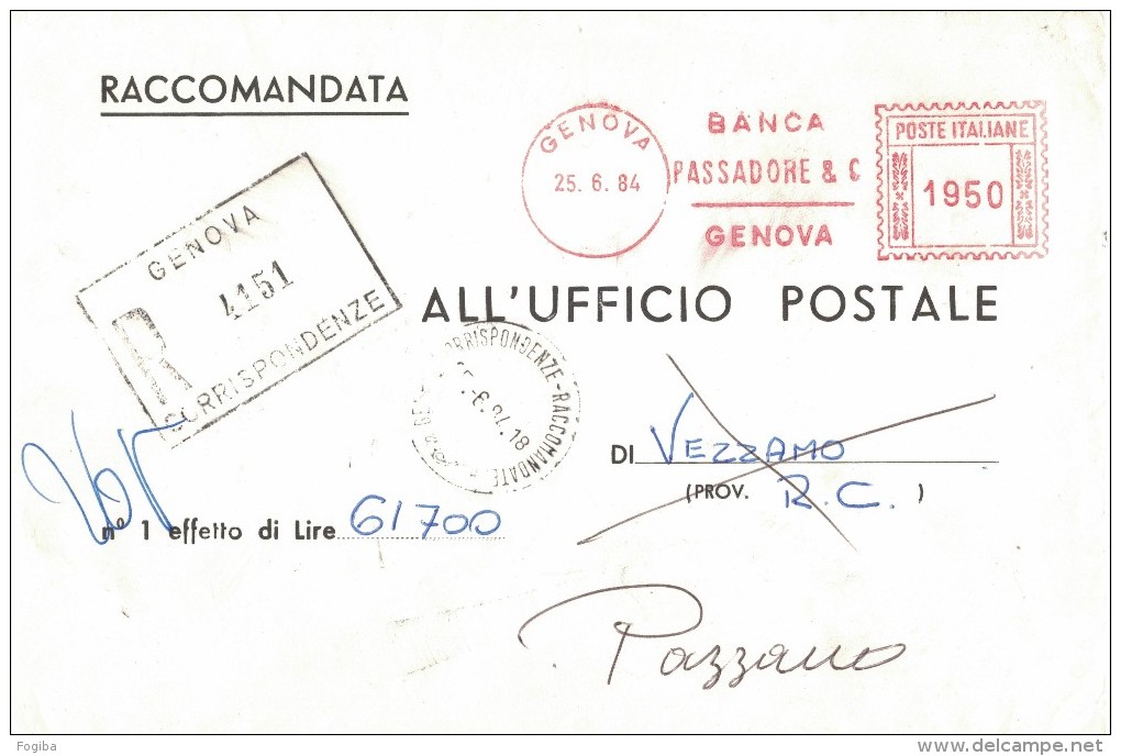 FG122    BANCA PASSADORE & C. GENOVA  - Affrancatura Meccanica Rossa - 1984 - Macchine Per Obliterare (EMA)