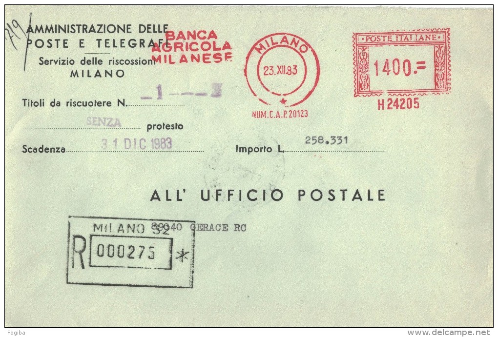FG123    BANCA AGRICOLA MILANESE  - Affrancatura Meccanica Rossa - 1983 - Macchine Per Obliterare (EMA)