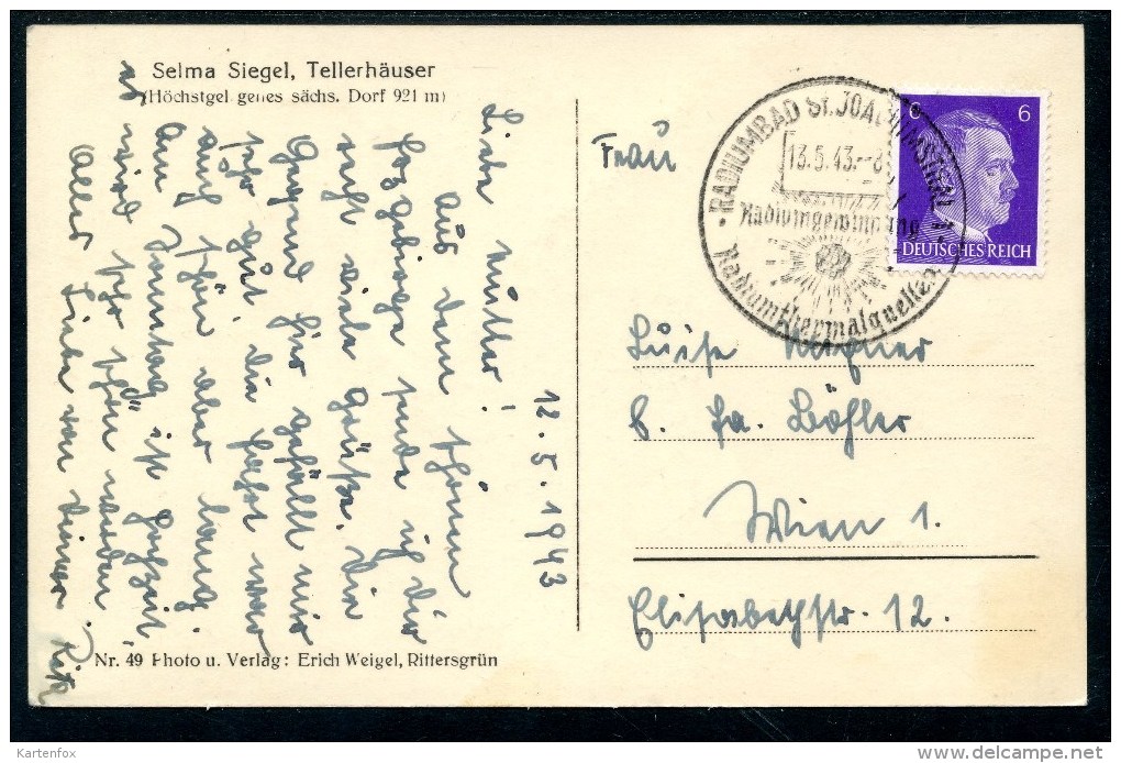 Tellerhäuser, Selma Siegel, 13.5.1943, Breitenbrunn, Erzgebirgskreis, Rittergrün, Verlag Erich Weigel, - Breitenbrunn