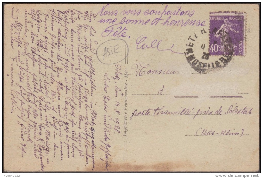 France 1928. Y&T 236  Semeuse 40 C Violet. Piquage à Cheval Sur Carte "une Semeuse Chinoise" - Storia Postale