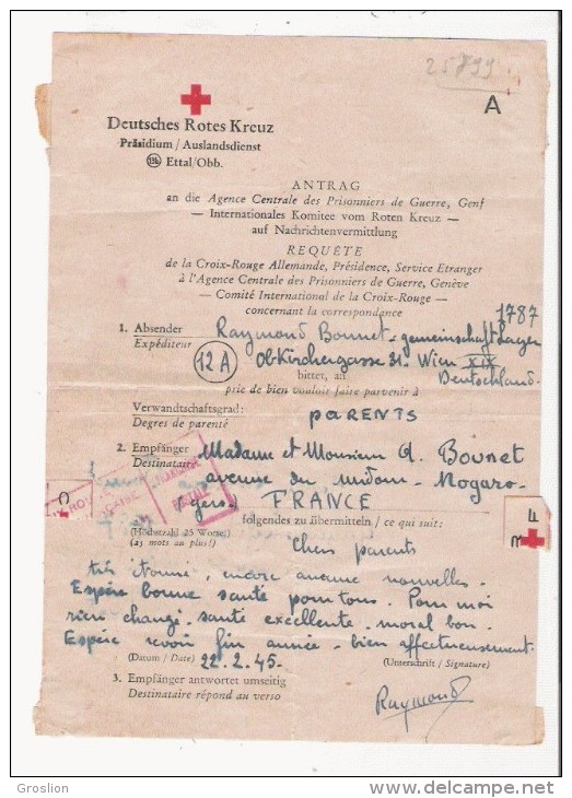 CROIX ROUGE 1945 PAPIER AGENCE CENTRALE DES PRISONNIERS DE GUERRE REQUETE DE LA CROIX ROUGE ALLEMANDE - Non Classés