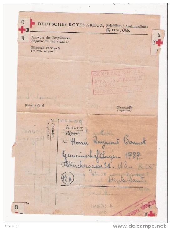 CROIX ROUGE 1945 PAPIER AGENCE CENTRALE DES PRISONNIERS DE GUERRE REQUETE DE LA CROIX ROUGE ALLEMANDE - Non Classés