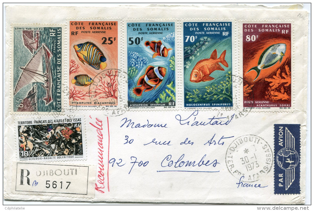 COTE FRANCAISE DES SOMALIS LETTRE RECOMMANDEE PAR AVION DEPART DJIBOUTI 30-1-1973 TER. FRs AFARS-ISSAS  POUR LA FRANCE - Storia Postale