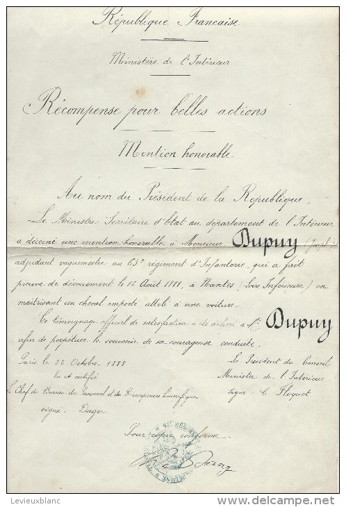 Récompense Pour Belles Actions /Mention Honorable/Ministére De L'Intérieur/France/1888    DIP22 - Diplome Und Schulzeugnisse