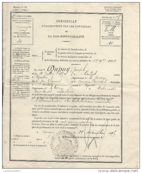 Certificat De Non-disponibilité Bureau De Recrutement De Limoges/Tulle/Corréze/France/1895    DIP23 - Diploma & School Reports