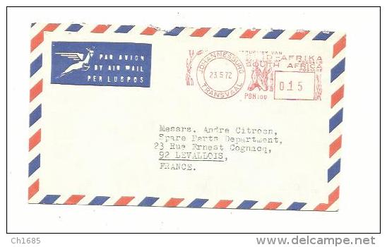 AFRIQUE DU SUD : Oblitération Mécanique 0,15 Sur Lettre Pour La France CaD Johannessbourg Du 26 05 1972 - Lettres & Documents