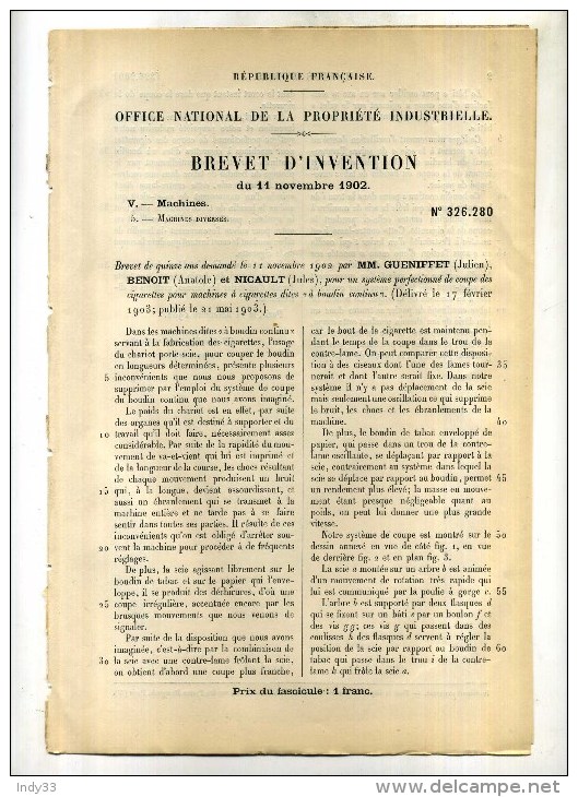 - SYSTEME DE COUPE DES CIGARETTES POUR MACHINES A BOUDIN CONTINU  . BREVET D´INVENTION DE 1902 . - Other & Unclassified